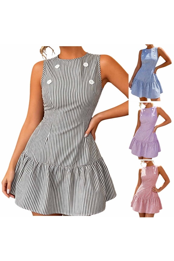Summer Women's Sleeveless Mini A-Line Dress Striped Decorative Button Rear Zipper A Line Out Wear