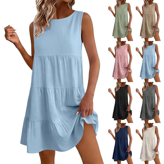 HVOBTTY Summer Women's Sleeveless Mini A-Line Dress red Round Neck Loose Cut Daily Outdoor