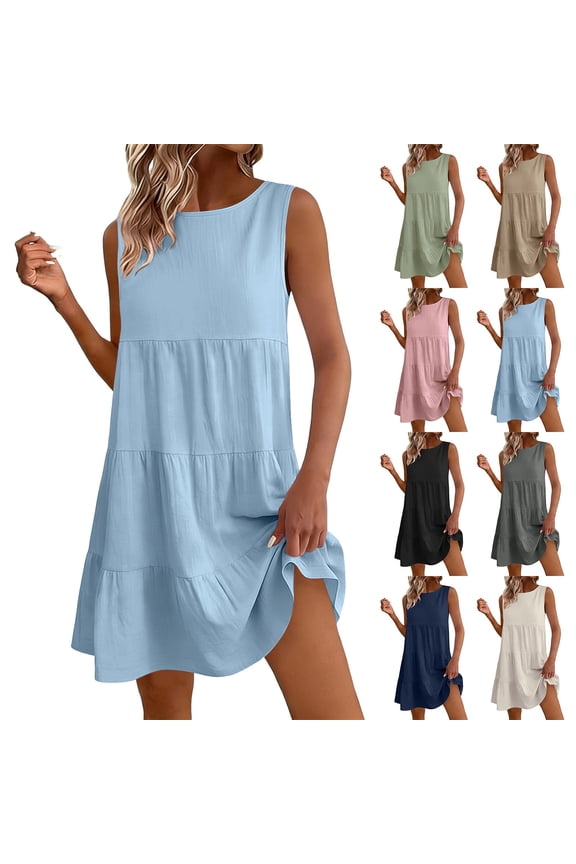 Summer Women's Sleeveless Mini Peplum Dress red Round Neck Loose Cut Daily Outdoor