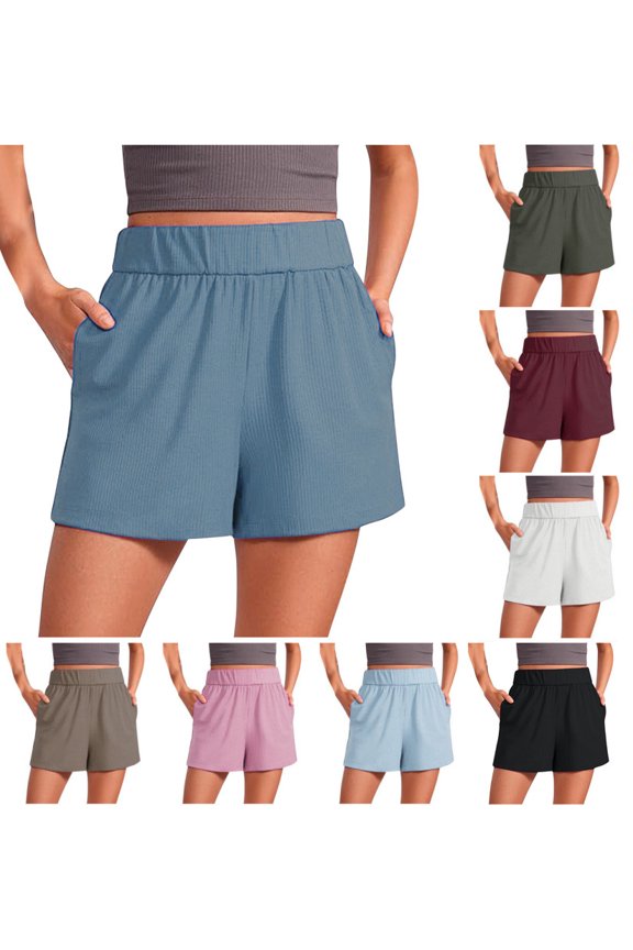 Summer Women's Soft Elastic Waist Sport Solid Color Ribbed Knit Fabric with Pockets Active Wear Shorts Pink, XXL