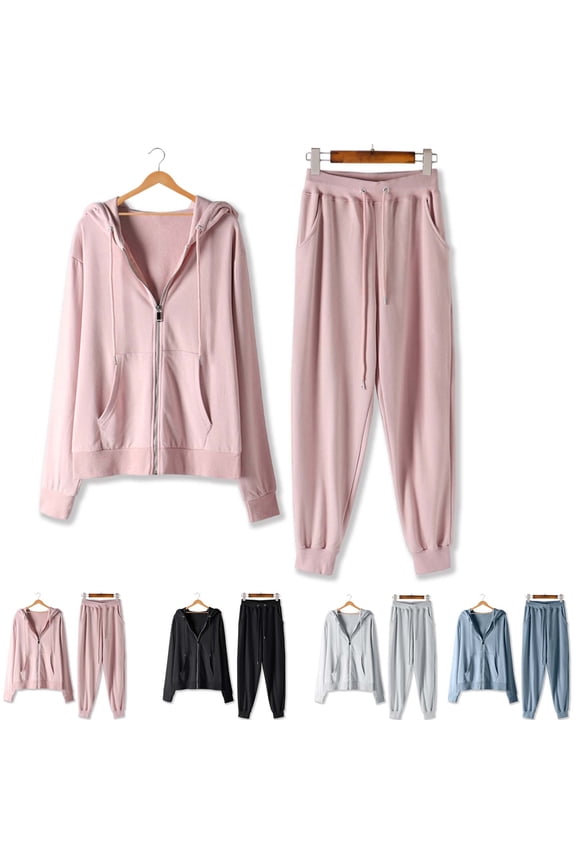 Summer Women's Solid Lightweight Zip Up Hoodie Set Loose Top and Tapered Jogger Pants