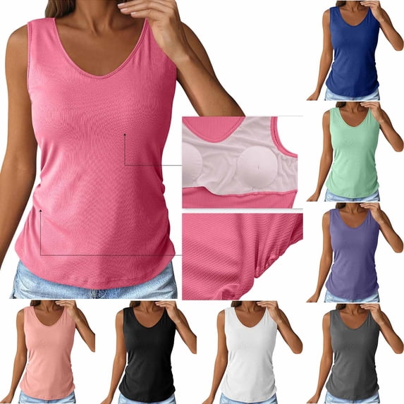 HVOBTTY Summer Women's V Neck Tank Tops Solid Color Built In Bra Side Sleeveless T Shirt