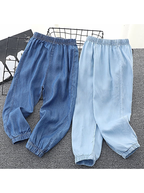 Teen Girl's Fall/Winter Elastic Waist Denim Pants Joggers Long Solid Casual Pants with Pockets