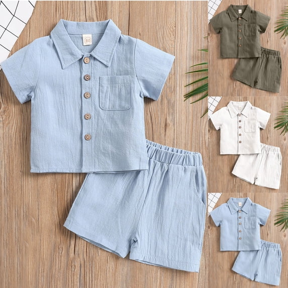 HVOBTTY Toddler Boy's Summer Casual Solid Color Linen Short Sleeve Button Down Shirt and Shorts 2 Piece Outfit Suits Army Green,1-2 Years