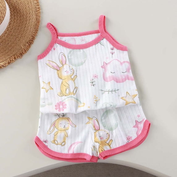 HVOBTTY Toddler Girl's Elastic Waist Short Pant Print Sling Sleeveless Tank Top 2 Piece Casual Home Wear Outfit Suits