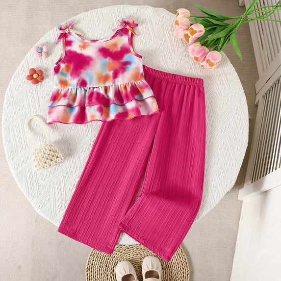 HVOBTTY Toddler Girl's Ruffle Sleeveless Tank Top Elastic Waist Wide Leg Long Pant 2 Piece Fashion Casual Outfit Suits