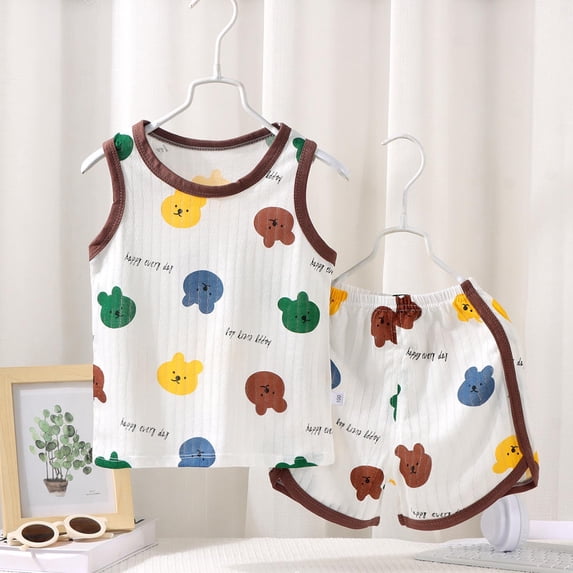HVOBTTY Toddler Kid's Bear Head Print Breathable Fabric Crew Neck Sleeveless Tank Top Elastic Waist Short Pant 2 Piece Home Wear Suits