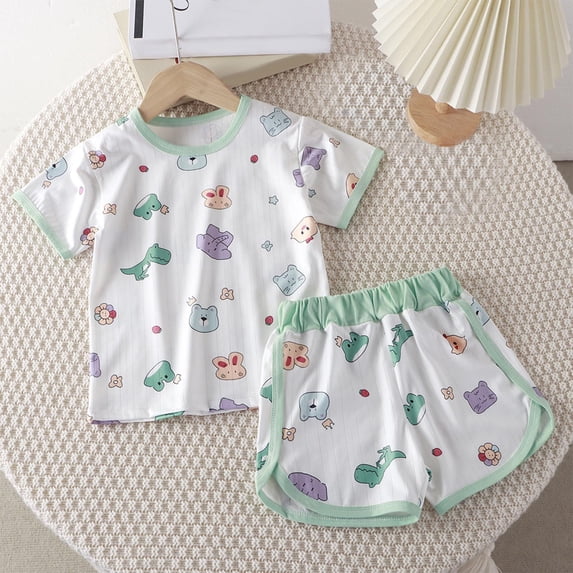 HVOBTTY Toddler Kid's Bear Print Breathable Fabric Crew Neck Short Sleeve Tee Elastic Waist Short Pant 2 Piece Home Wear Suits