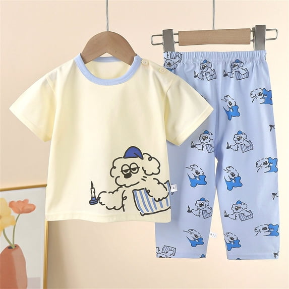 HVOBTTY Toddler Kid's Bear Print Crew Neck Short Sleeve Top Elastic Waist Short Pant 2 Piece Breathable Home Wear Sleep Suits