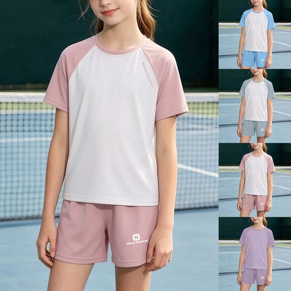 HVOBTTY Toddler Kid's Crew Neck Short Sleeve Top Elastic Waist Short Pant 2 Piece Sport Training Outfit Suits