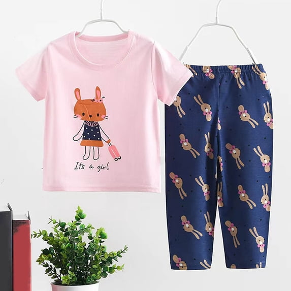 HVOBTTY Toddler Kid's Print Breathable Crew Neck Short Sleeve Top Elastic Waist 7/8th Pant 2 Piece Breathable Home Wear Outfit Suits