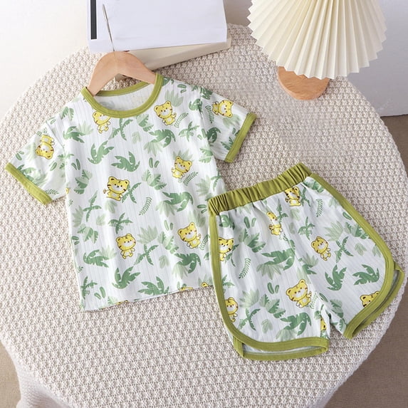 HVOBTTY Toddler Kid's Print Breathable Fabric Crew Neck Short Sleeve Tee Elastic Waist Short Pant 2 Piece Home Wear Suits