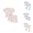 thumbnail image 1 of HVOBTTY Toddler Kid's Summer Casual Bow Print Crew Neck Short Sleeve Top and Ruffled Shorts Trendy Top 2 Piece Outfit Suits Blue,3-4 Years, 1 of 5