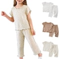thumbnail image 1 of HVOBTTY Toddler Kid's Summer Casual Polka Print Short Sleeve Crew Neck T Shirt and Cropped Pants 2 Piece Outfit Suits Beige,6-7 Years, 1 of 5