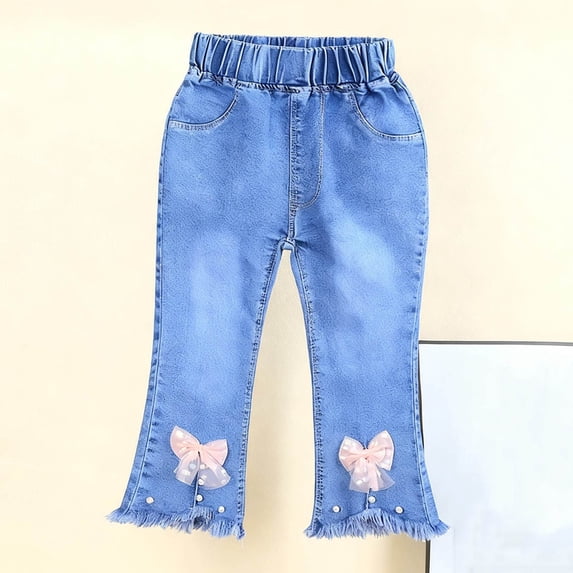 HVOBTTY Toddler Summers Slim Leg Denim Pants and Pearl Decor Slim Flared Leg Elastic Waist Pants Light Blue, 4-5 Years