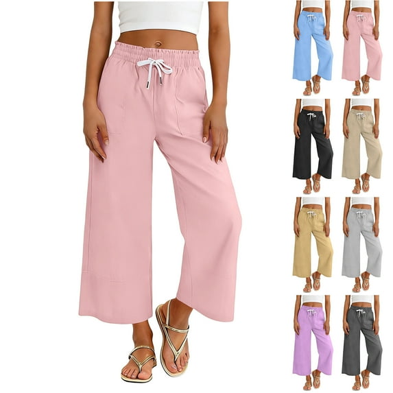HVOBTTY Toddler Summers Wide Leg Trousers Solid Color Linen 3/4 Length Casual Long Pants for Girls Blue, 13-14 Years