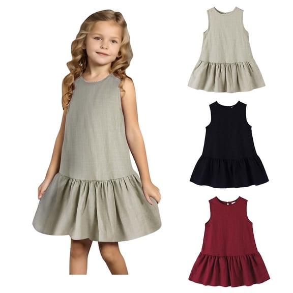 HVOBTTY Toddler's Soft Mini A-Line Dresses, Summer Dresses for Kid Girls' Casual Comfortable Solid Color Sleeveless Round Neck Double Ruffled Hem Versatile Daily Stylish Dresses Red, 7-8 Years