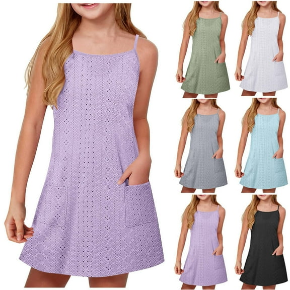 HVOBTTY Toddler's Soft Mini T-Shirt Dresses, Summer Dresses for Kid Girls' Comfy Casual Solid Color Sleeveless Strappy Round Neck Court Hem Stylish Versatile Daily Dresses White, 5-6 Years