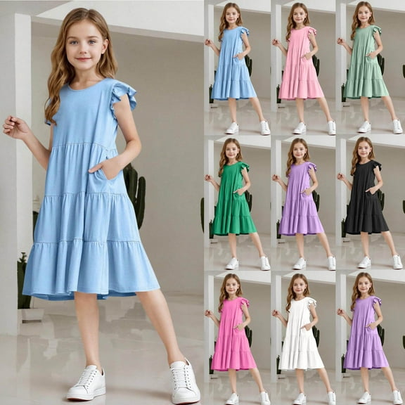HVOBTTY Toddler's Soft Sport A-Line Dresses, Summer Dresses for Kid Girls' Casual Comfortable Solid Color Tiered Sleeveless Stylish Versatile Daily Wear Dresses Black, 13-14 Years