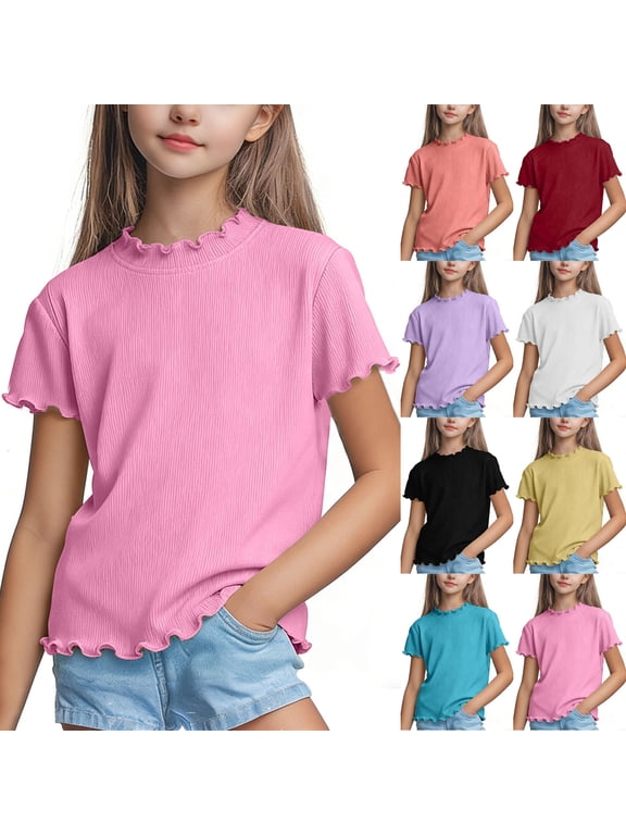 Toddlers Fashion Pullover Top, Girls Summer T Shirt, Kids Girls Comfortable Solid Color Ruffled Round Neck Short Sleeve Breathable Versatile Daily Tshirt Pink, 9-10 Years