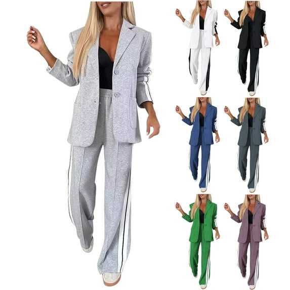 HVOBTTY Two Piece Blazer Sets for Women, Women's Fall Outfits Set Plus Size, Women's Solid Color Long Sleeve Blazer Coat and Stright Leg Long Pant Suit Set Blue, L