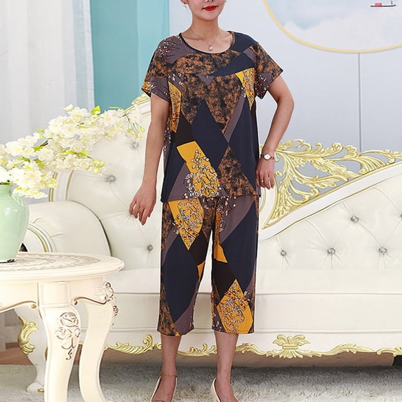 HVOBTTY Women's 2 Piece Pajama Set Print Short Sleeve Top and Pants Casual Soft Knit Fabric Daily Home Wear, XXXXL