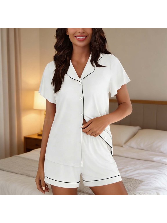 Women's 2 Piece Pajamas Set Button Down Sleeve Tops and Drawstring Shorts Solid Color Binding Button Front Top Elastic Waist Set