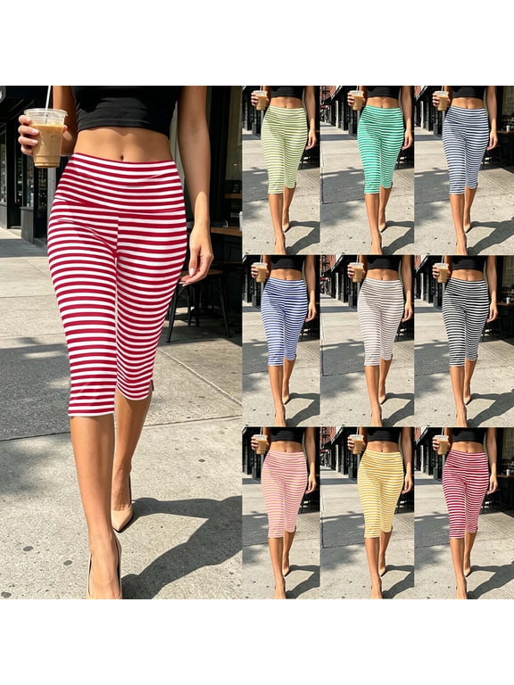 Women's 7/8th Trousers Slim Leg Striped Casual Featuring Delicate Side Slit On Sections Pants