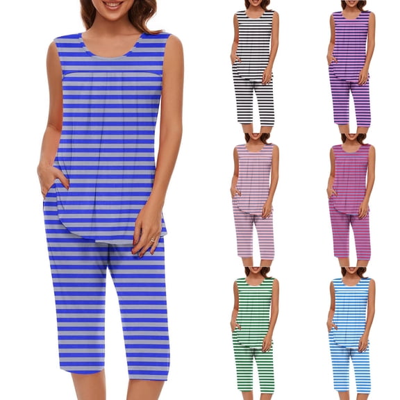 HVOBTTY Women's Camisole and 7/8th Pants Pajama Sets, Pajama Sets for Women, Women's Casual Comfortable Print Round Neck Sleeveless Top and 7/8th Pants Two Piece Pajama Sets White, L