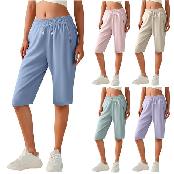HVOBTTY Women's Comfortable Knee-Length Pants, Summer Pants for Women, Womens Casual Soft Solid Color Drawstring Zipper Pocket Everyday Wear Shorts Blue, M