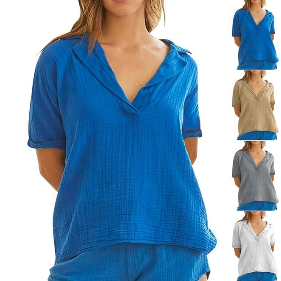 HVOBTTY Women's Comfortable Pullover Sport Tshirt,Summer Top for Women Plus Size, Womens Casual Collared Short Sleeve Pullover Linen Lightweight Daily Wear T Shirt Blue, L