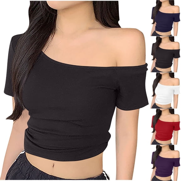 HVOBTTY Women's Comfortable Pullover Sport Tshirt,Summer Top for Women, Womens Casual Fashion Solid Color Off Shoulder Short Sleeve Soft Lightweight Daily Wear Tops Blue, XXL