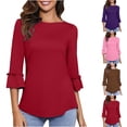 thumbnail image 1 of HVOBTTY Women's Comfortable Pullover Sport Tshirt,Summer Top for Women, Womens Casual Solid Color Crew Neck Ruffled 3/4 Sleeve Lightweight Daily Wear Tops Red, S, 1 of 5