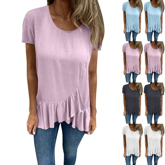 HVOBTTY Women's Comfortable Pullover Sport Tshirt,Summer Top for Women, Womens Casual Solid Color Crew Neck Short Sleeve Loose Ruffled Hem Lightweight Daily Wear Tops Light Blue, S