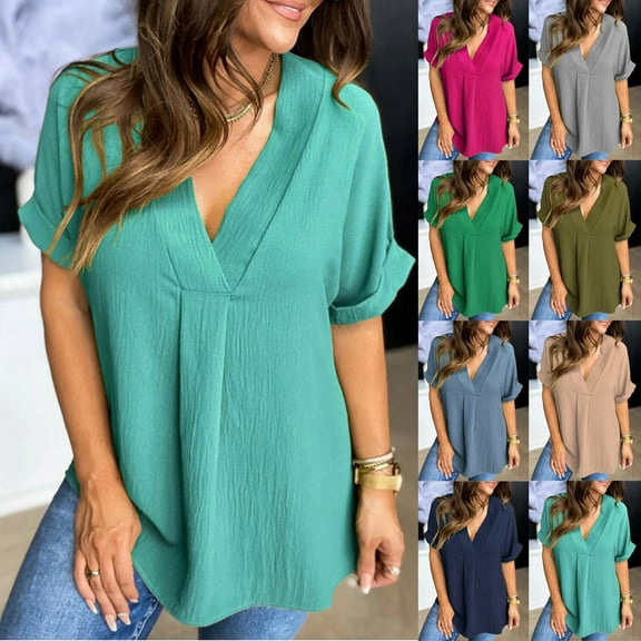 HVOBTTY Women's Comfortable Pullover Sport Tshirt,Summer Top for Women, Womens Casual Solid Color V Neck Short Sleeve Lightweight Loose Daily Wear T Shirt Army Green, M