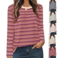 thumbnail image 1 of HVOBTTY Women's Crew Neck Long Sleeve Stripe Print Pullover Casual Fashion Lightweight Soft Tops Khaki, XXL, 1 of 4