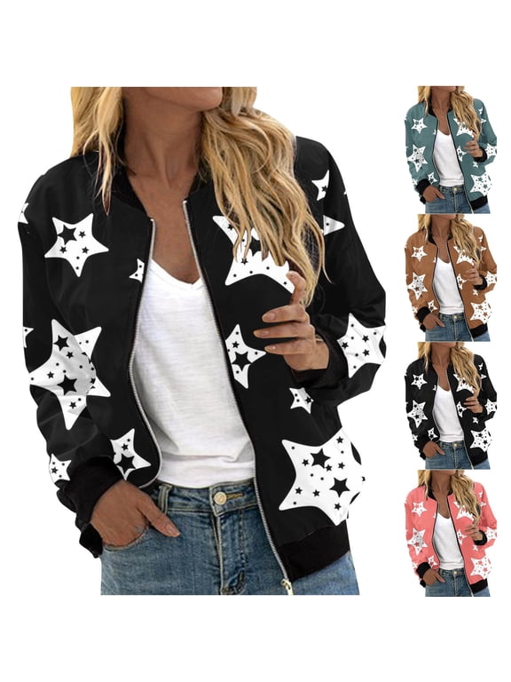 Women's Fall Casual Short Sport Jacket Star Print Zip Outerwear Side Pocket Soft Woven Loose Layering Daily Wear