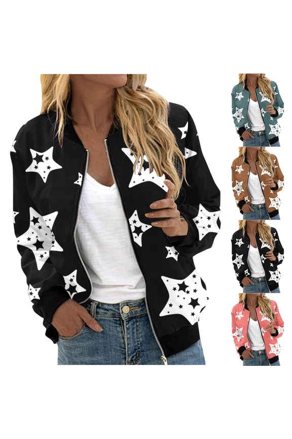 Women's Fall Casual Short Sport Jacket Star Print Zip Outerwear Side Pocket Soft Woven Loose Layering Daily Wear