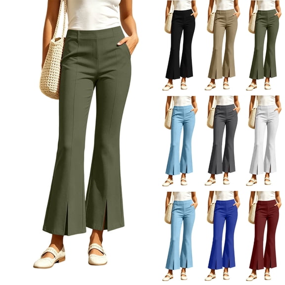 HVOBTTY Women's Fall Flare Leg Long Dress PantsHigh Waist Split Hem Slim Side Pockets Slightly Flared Pants