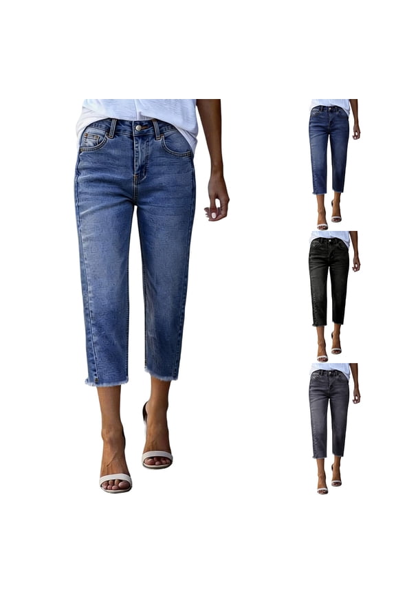 Women's Fall Straight Leg 7/8th Denim PantsHigh Waist Tight Fabric Hem Pocket ative