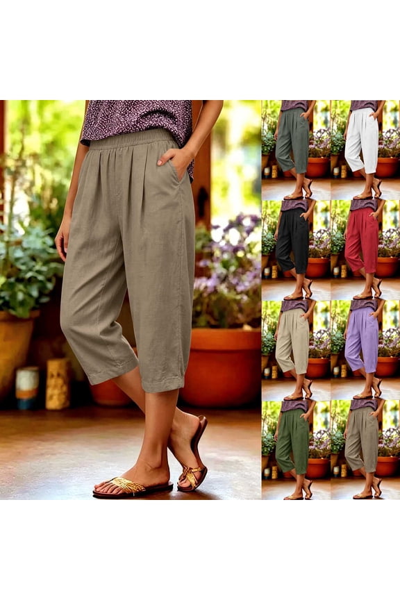 Women's Fall Straight Leg 7/8th TrousersFaux Cotton Linen High Waist ed Stretch Waist Side Pockets Casual Wear