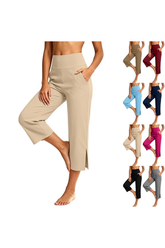 Women's Fall Straight Leg 7/8th TrousersSolid Fabric Side Split Multi Pocket Yoga Sport Daily Casual