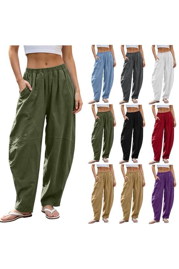 Women's Fall Wide Leg Long TrousersFaux Cotton Linen High Waist ed Stretch Waist Side Pockets Pants