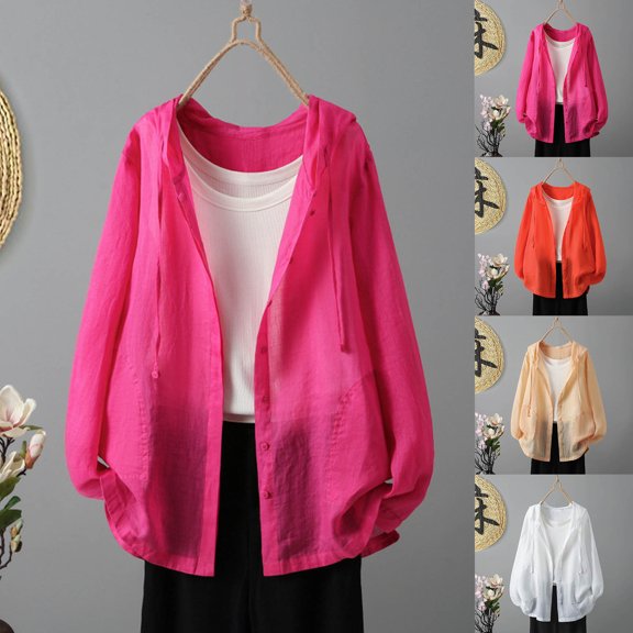 HVOBTTY Women's Fashion Clothing, Cardigan for Women, Women's Casual Fashion Drawstring Long Sleeve Hooded Casual Outwear Shirts Hot Pink M