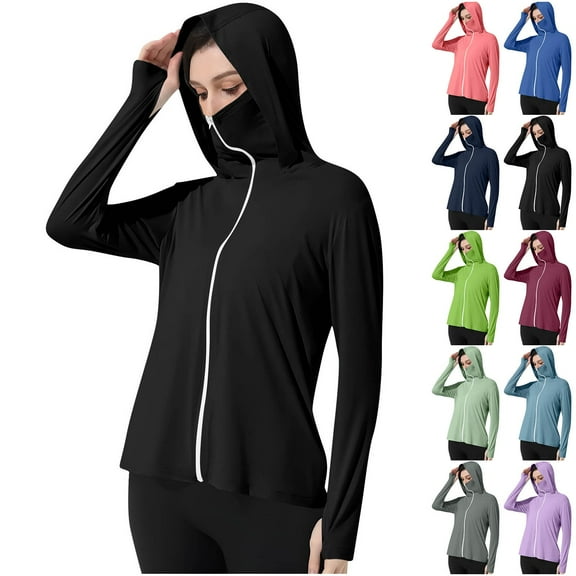 HVOBTTY Women's Fashion Clothing, Rain Jacket Women, Ladies Solid Color Long Sleeve Hooded Thumb Buckle Sun Protection Clothing Sky Blue S