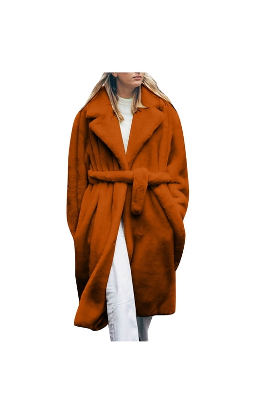 Women's Faux Fur Jackets Winter Fuzzy Fleece Lapel Long Suit Collar Loose Overcoat Belt Button Down Faux Fur Warm Outerwear Plus Size