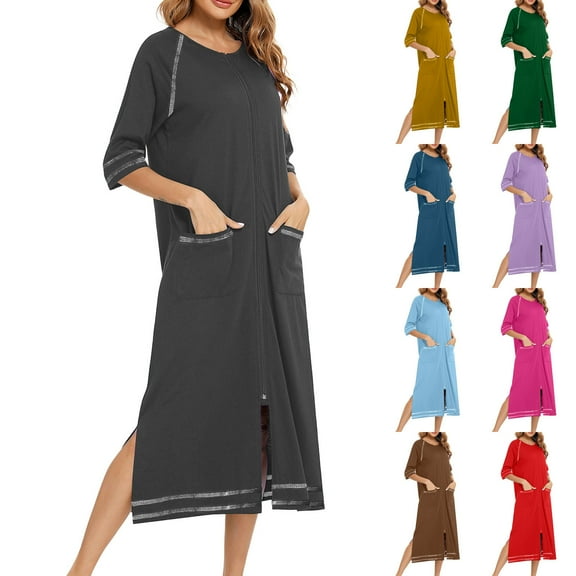 HVOBTTY Women's Lightweight Long Robe, Robes for Women, Women's Winter Warm Nightgown and Winter Nightdress Zip with Pokets Loose Pajamas Dark Gray, XXL