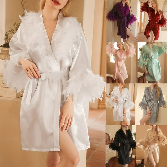 HVOBTTY Women's Lightweight Mid-Length Robe, Robes for Women, Dressing Gown Ladies Feathered Dressing Gown Wedding Makeup Bridesmaids Wedding Dressing Gown Black, M