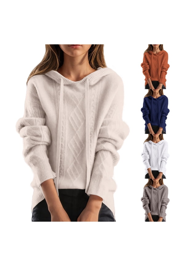 Women's Long Sleeved Pullovers Sweaters, Sweaters for Women, Women's Casual Solid Color V Neck Long Sleeve Loose Hooded Sweater White, XL