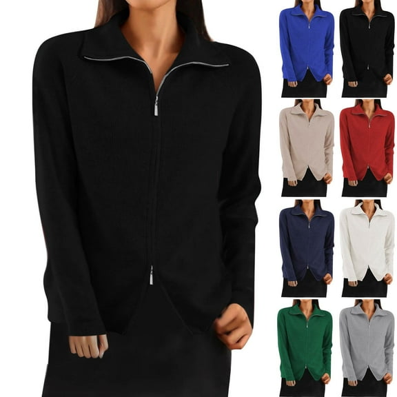 HVOBTTY Women's Long Sleeved Turtleneck Sweaters, Sweaters for Women, Women's Casual Solid Color Collared Double Zipper Knit Cardigan Sweater Green, M